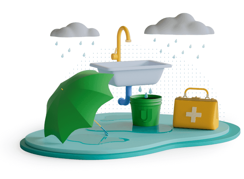 Leaking sink with an umbrella and a medical bag