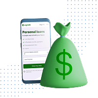 Phone displaying personal loans next to a bag of money