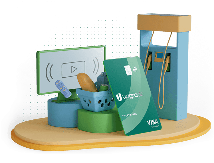 Life Rewards card art displayed with a gas pump, shopping basket, and streaming entertainment devices