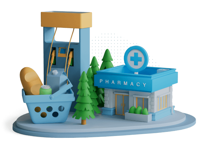 Pharmacy, gas pump, and grocery basket