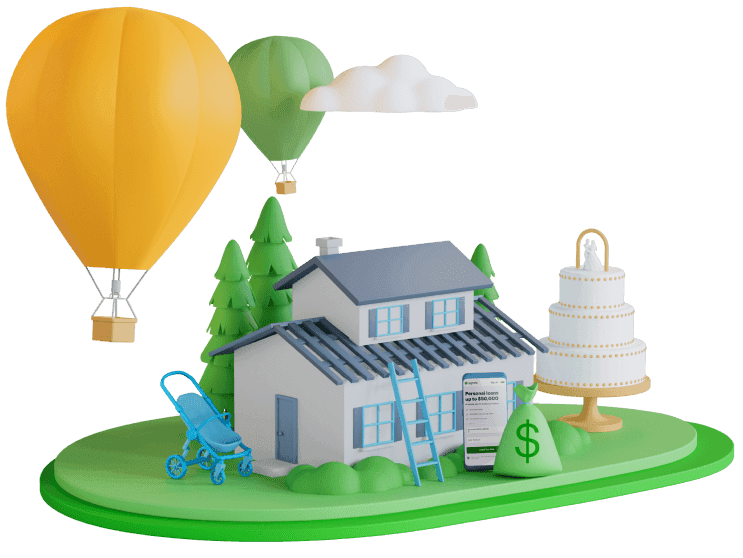 House with hot air balloons and a wedding cake