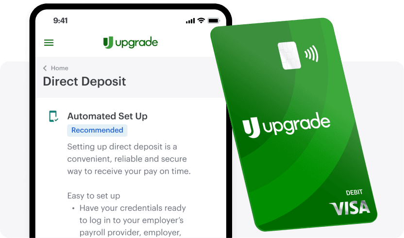 Debit card next to device displaying direct deposit setup