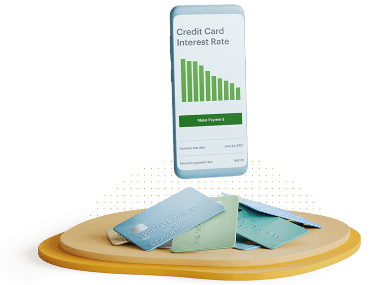 Phone displaying a lowering interest rate over a pile of credit cards