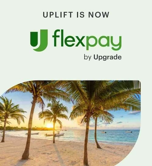 Tropical beach with Flex Pay by Upgrade logo