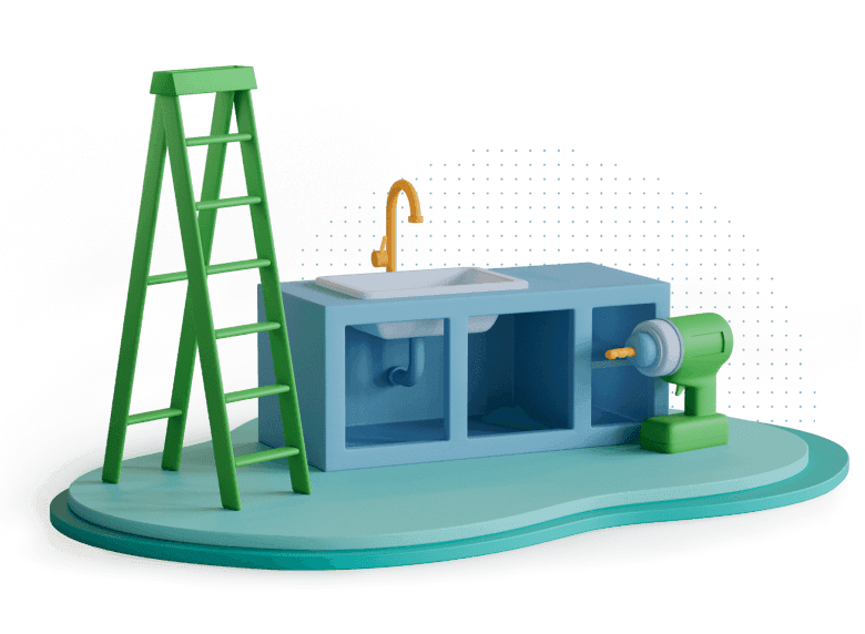 A ladder, cabinetry, and a drill