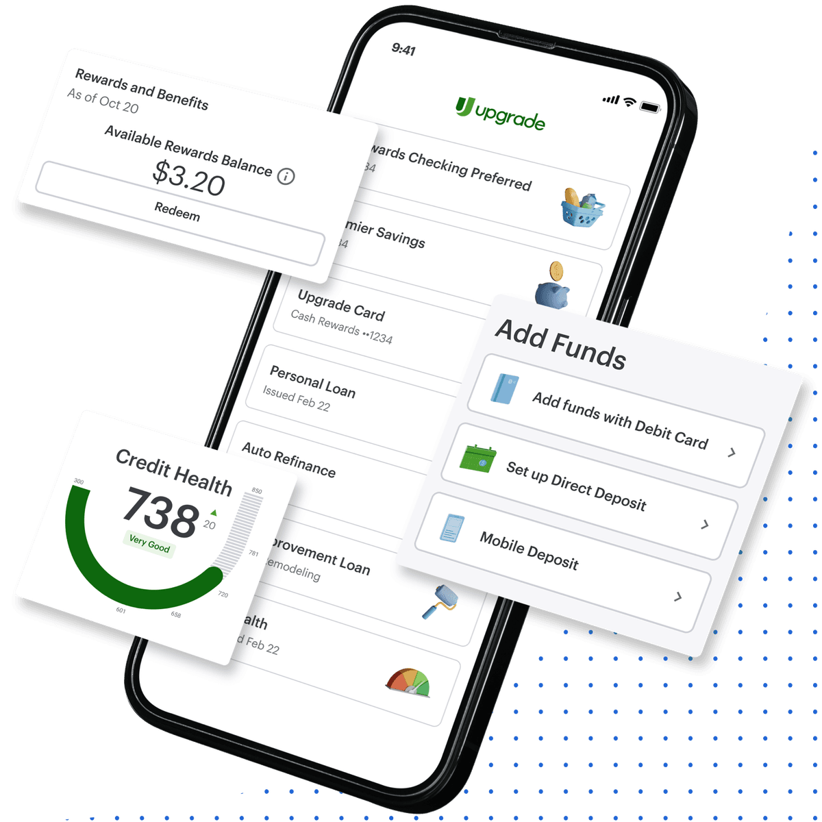 Upgrade mobile app displaying checking, savings, credit card, loan, and credit health accounts