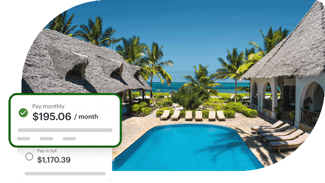 Flex Pay's loan option cards on top of an image of a tropical vacation resort