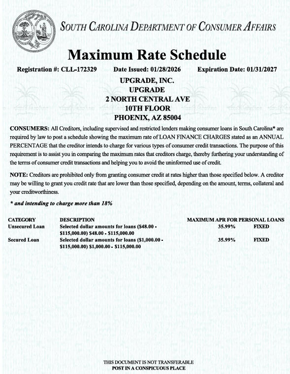 SC Max Rate Schedule (Upgrade, Inc.) PHX Branch CLL-172329 (exp. 2027.01.31)