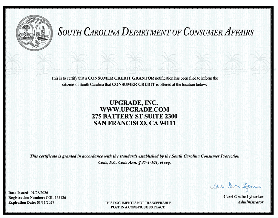 SC Credit Grantor License (Upgrade, Inc.) www.upgrade.com CGL-155126 (exp. 2027.01.28)