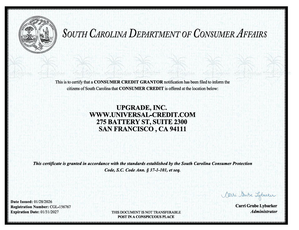 SC Credit Grantor License (Upgrade, Inc.) www.universal-credit.com CGL-156767 (exp. 2027.01.31)