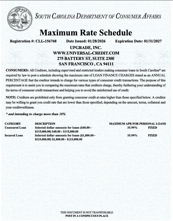 SC Max Rate Schedule (Upgrade, Inc.) www.universal-credit.com CLL-156768 (exp. 2027.01.31)