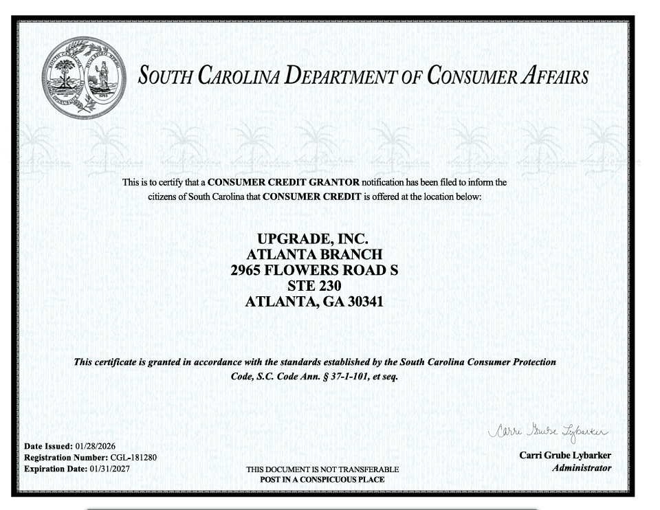 C Credit Grantor License (Upgrade, Inc.) ATL Branch CGL-181280 (exp. 2027.01.28) screenshot