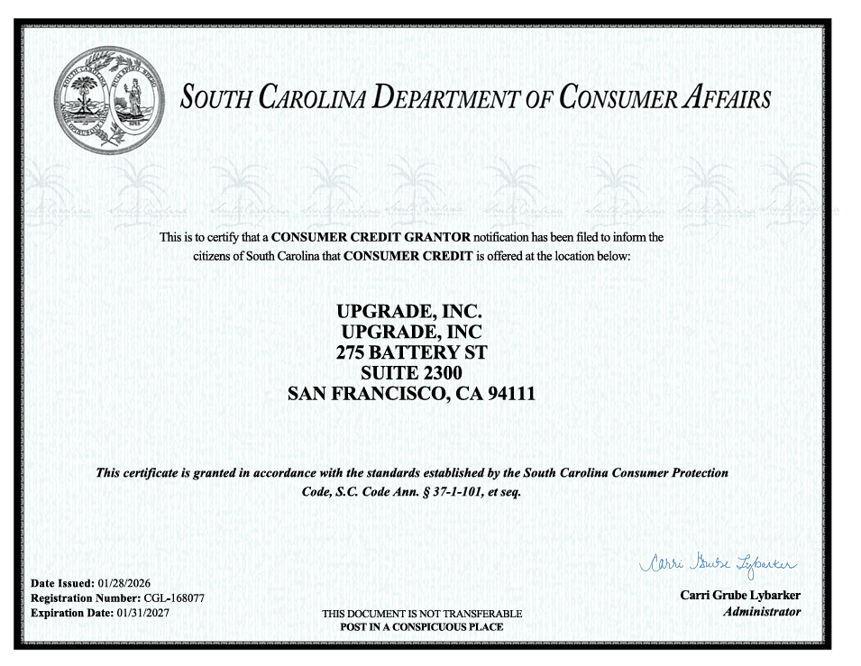 SC Credit Grantor License (Upgrade, Inc.) SF Location CGL-168077 (exp. 2027.01.31)