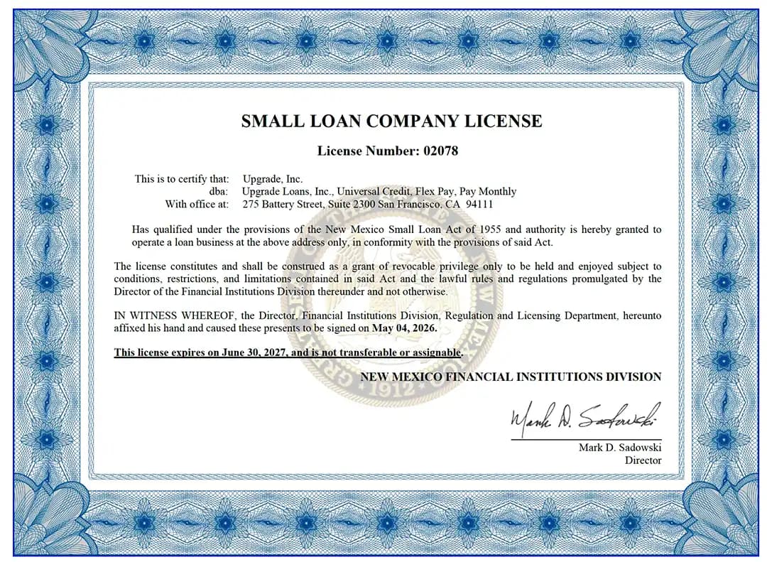 Upgrade's New Mexico State License and Consumer Information
