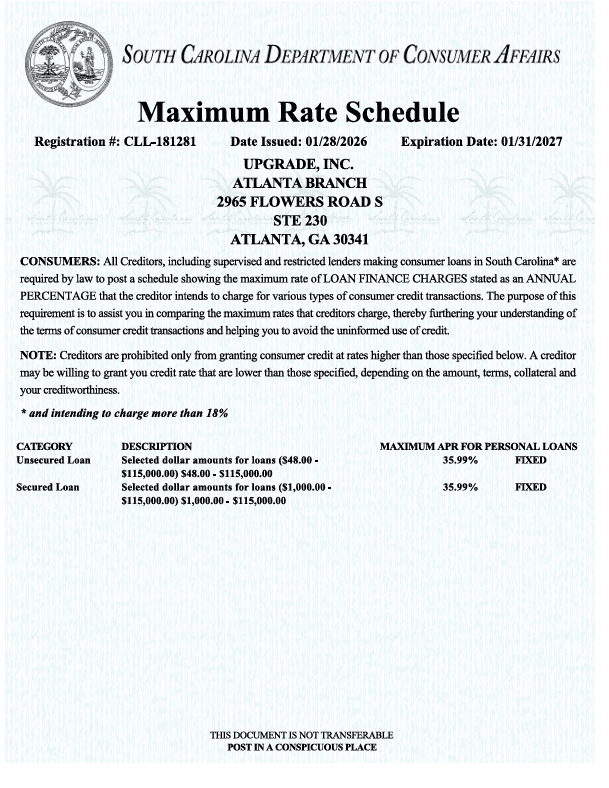 SC Max Rate Schedule (Upgrade, Inc.) ATL Branch CLL-181281 (exp. 2027.01.31)