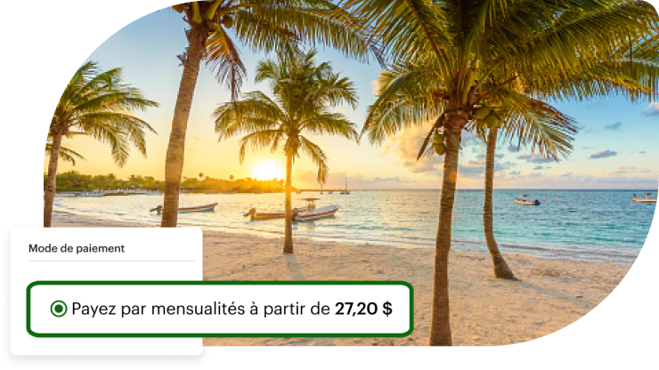 Une plage idyllique et des exemples de paiements mensuels Flex Pay.