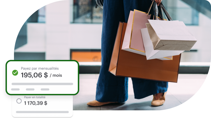 Un acheteur avec des sacs de courses superposés avec des exemples de paiements mensuels Flex Pay.