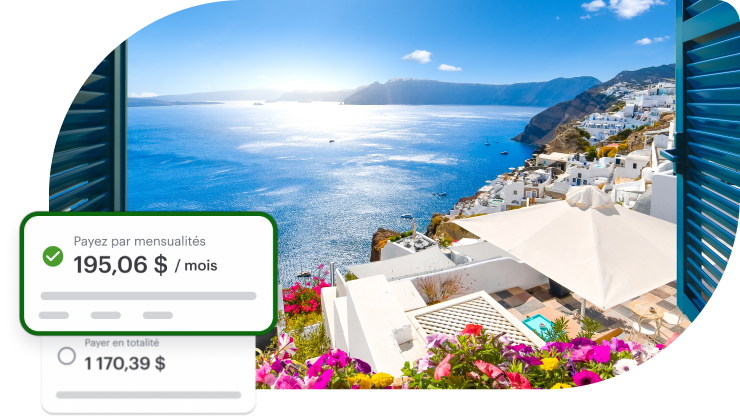 Une magnifique vue sur un complexe hôtelier océanique superposée à des exemples de paiements mensuels Flex Pay.