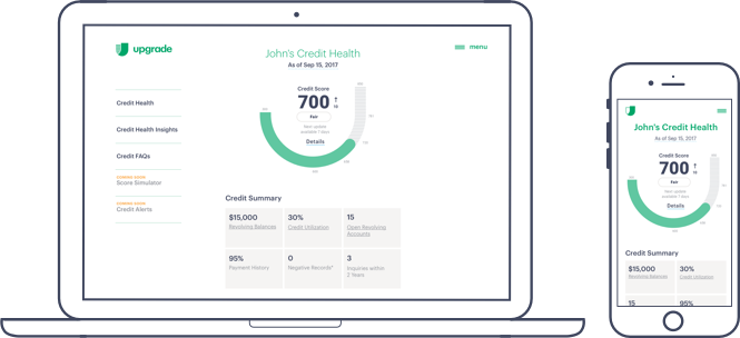 Computer and mobile phone view of upgrade's credit health